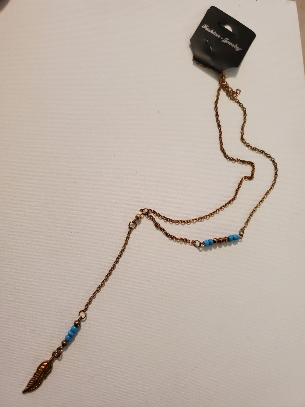 Southwest Western Faux Gold Chain Blue Beads Gold Leaf Charm Necklace Women NWT